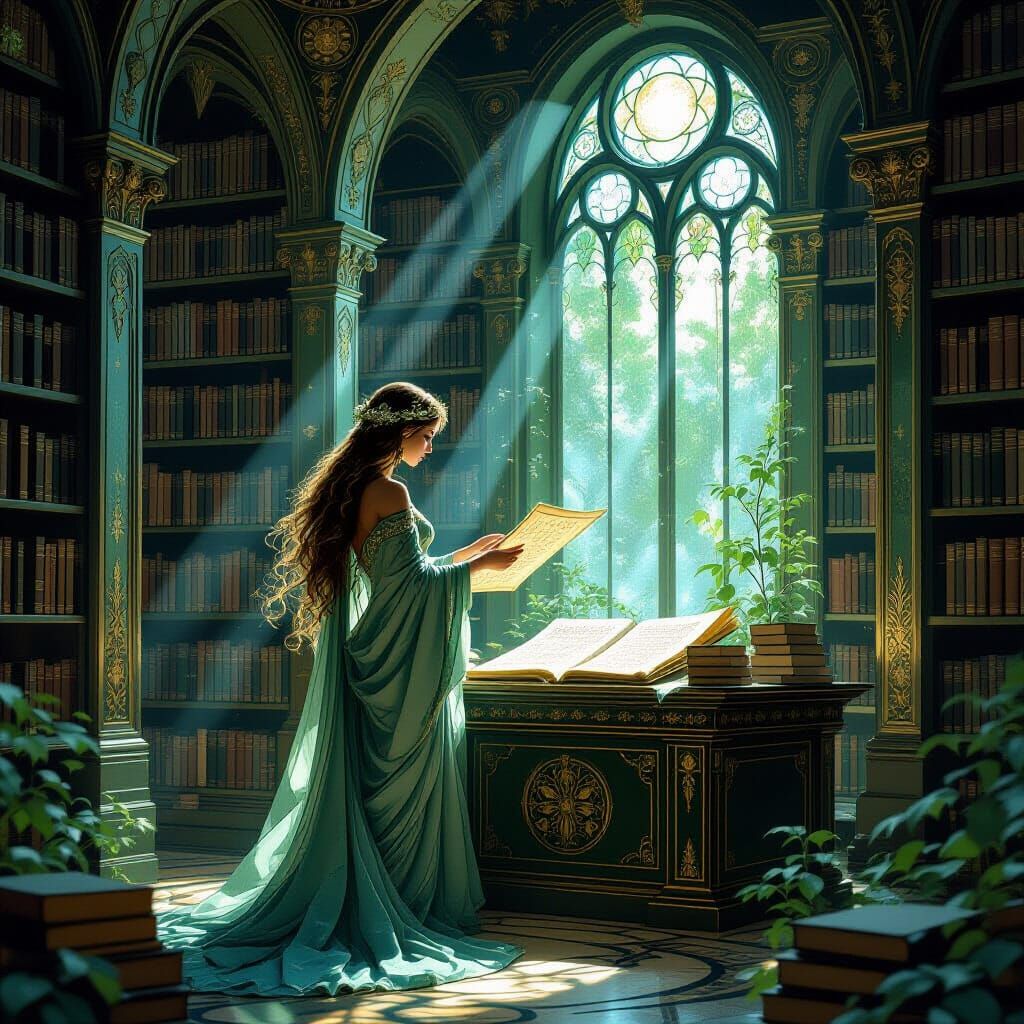 Forest Goddess Consults Scroll in Art Nouveau Library