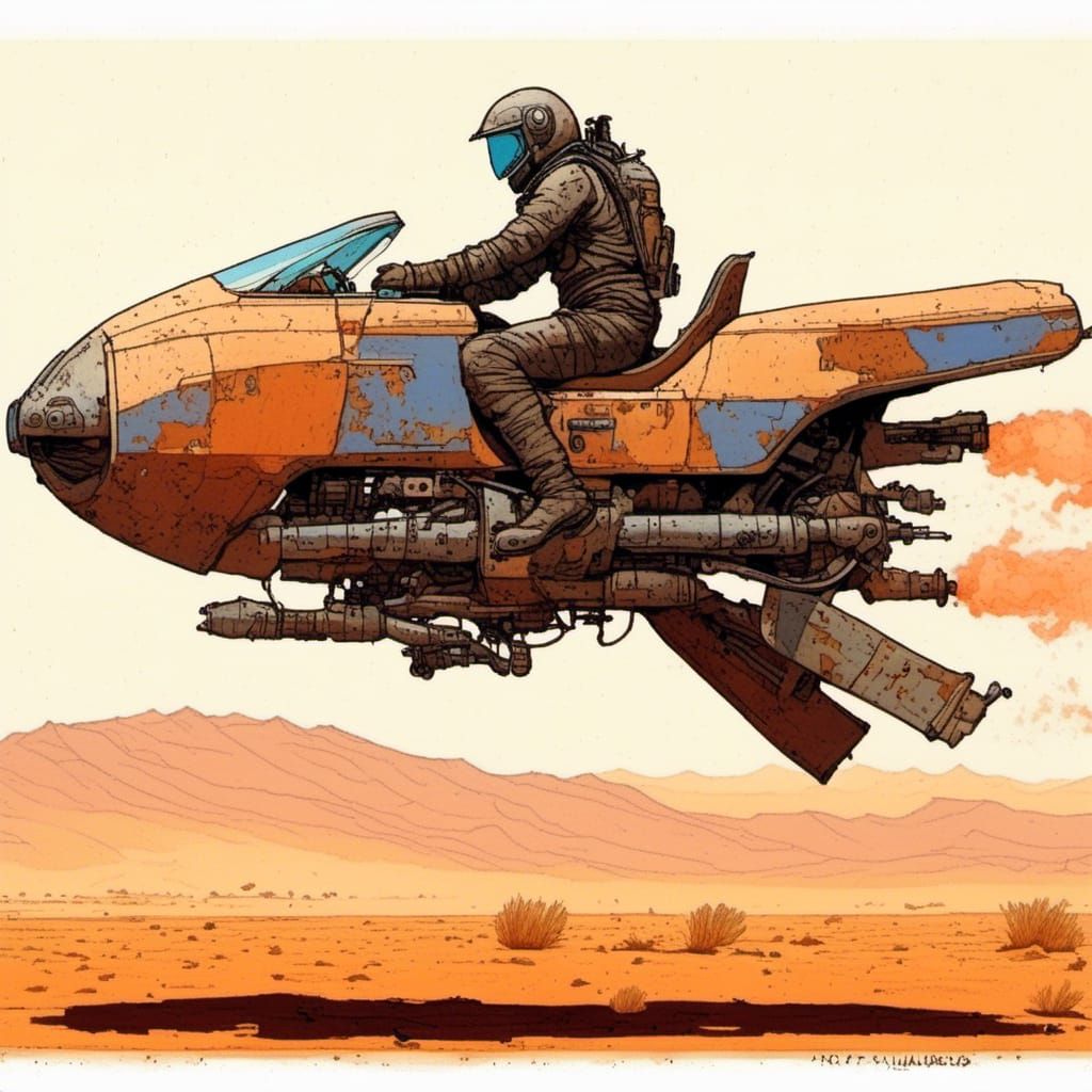 Futuristic Hoverbike in Desert, Moebius Style