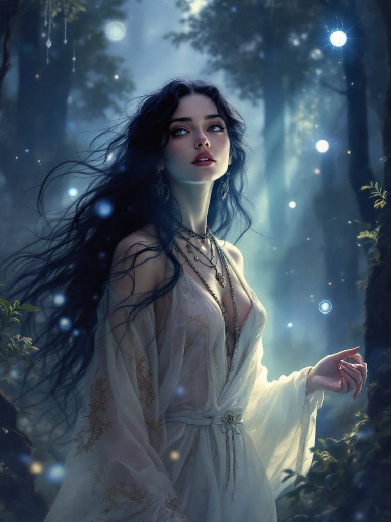 Mystical Woman in Enchanted Forest Twilight