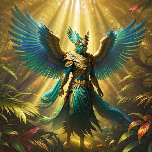 Majestic Avian God in Lush Forest: Oil Painting