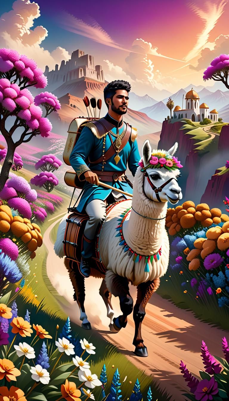 Drummer on Alpaca in Fantasy Landscape, Digital Art