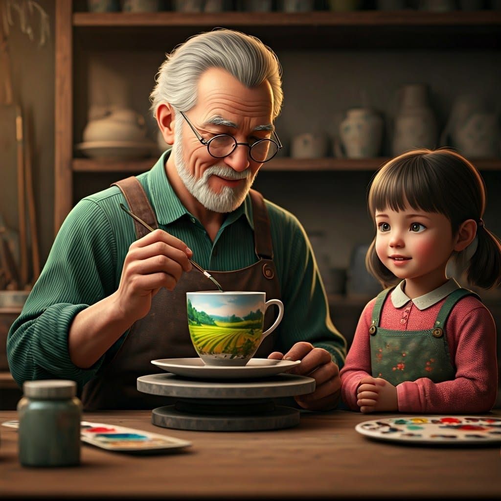 Craftsman Paints Teacup in Art Nouveau Style