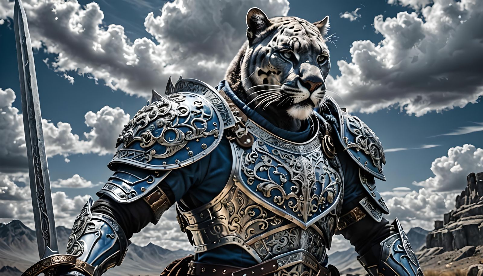 Armored Black Cougar Warrior With Sword in Hyperrealistic St...