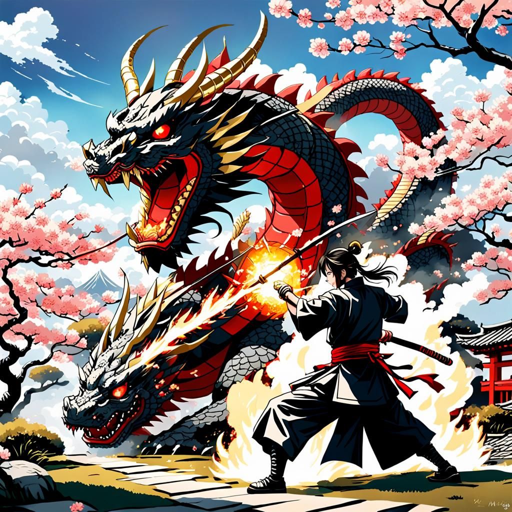 Samurai vs Dragon in Japanese Anime Style