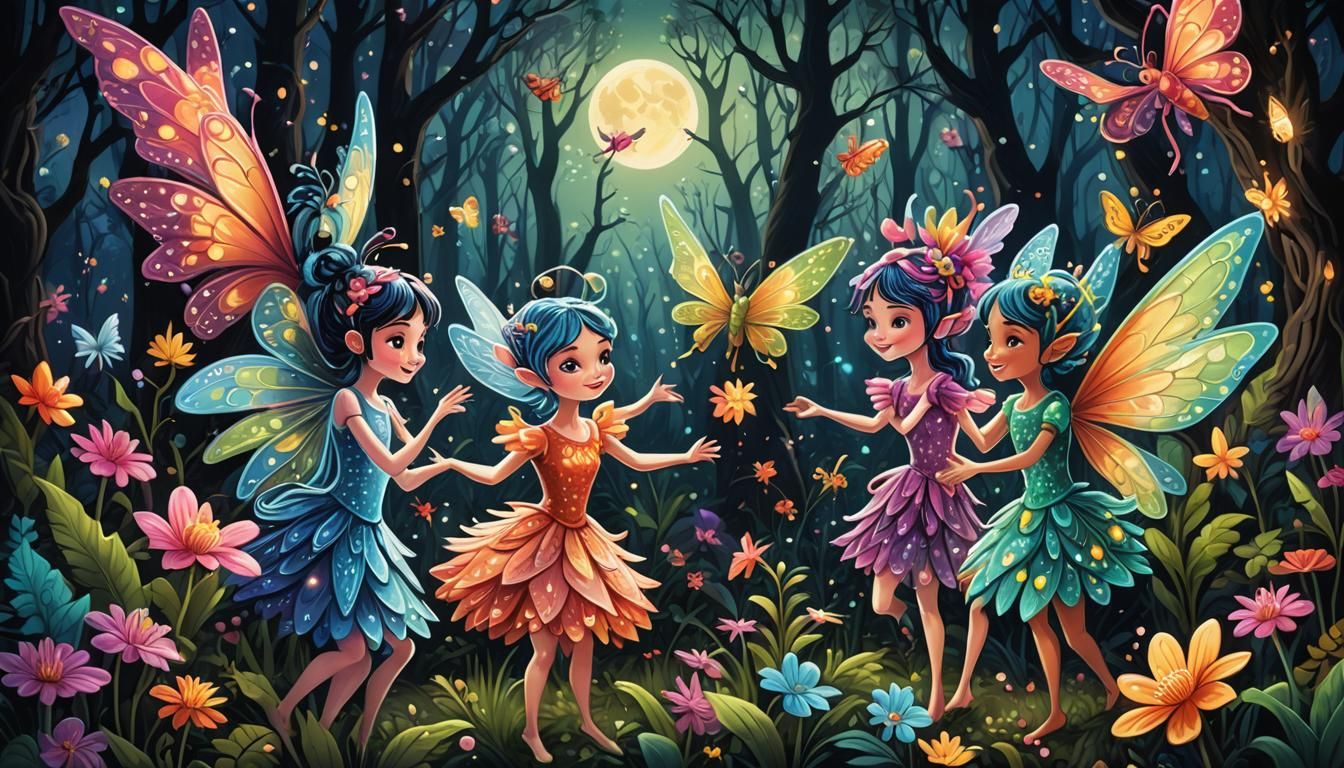 Alebrije Fairies High Fiving in Enchanted Forest