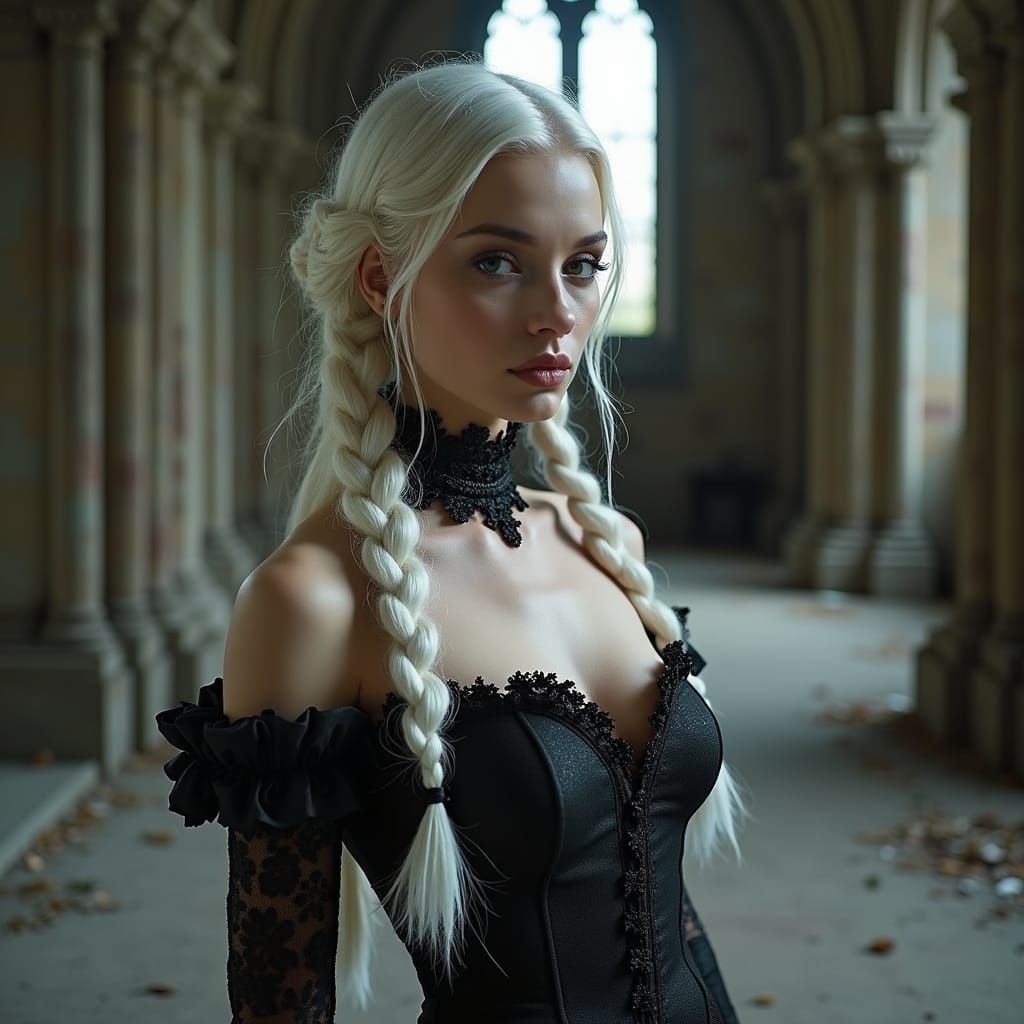 Woman in Corseted Gown in Mystical Cathedral