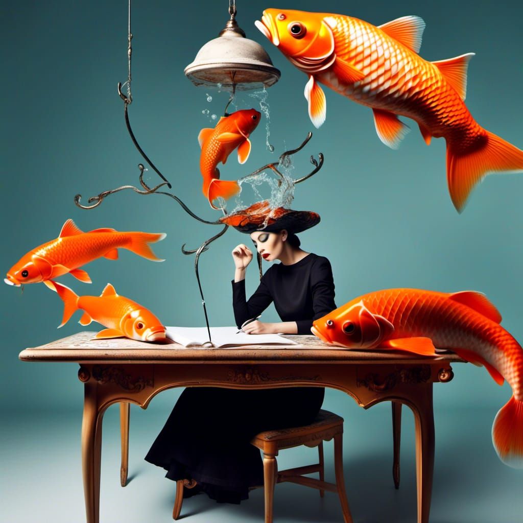Surreal Woman with Floating Koi Fish