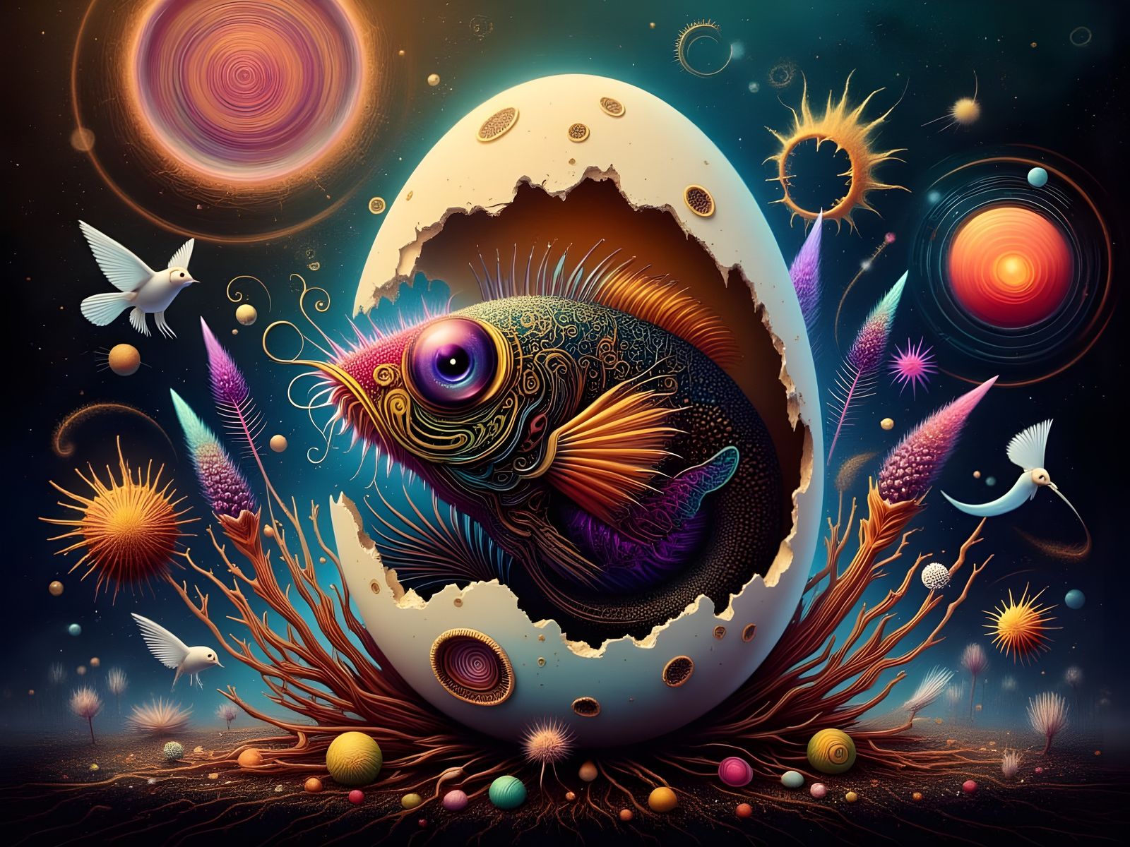 Surreal Dystopian Anglerfish Emerges from Swirling Egg