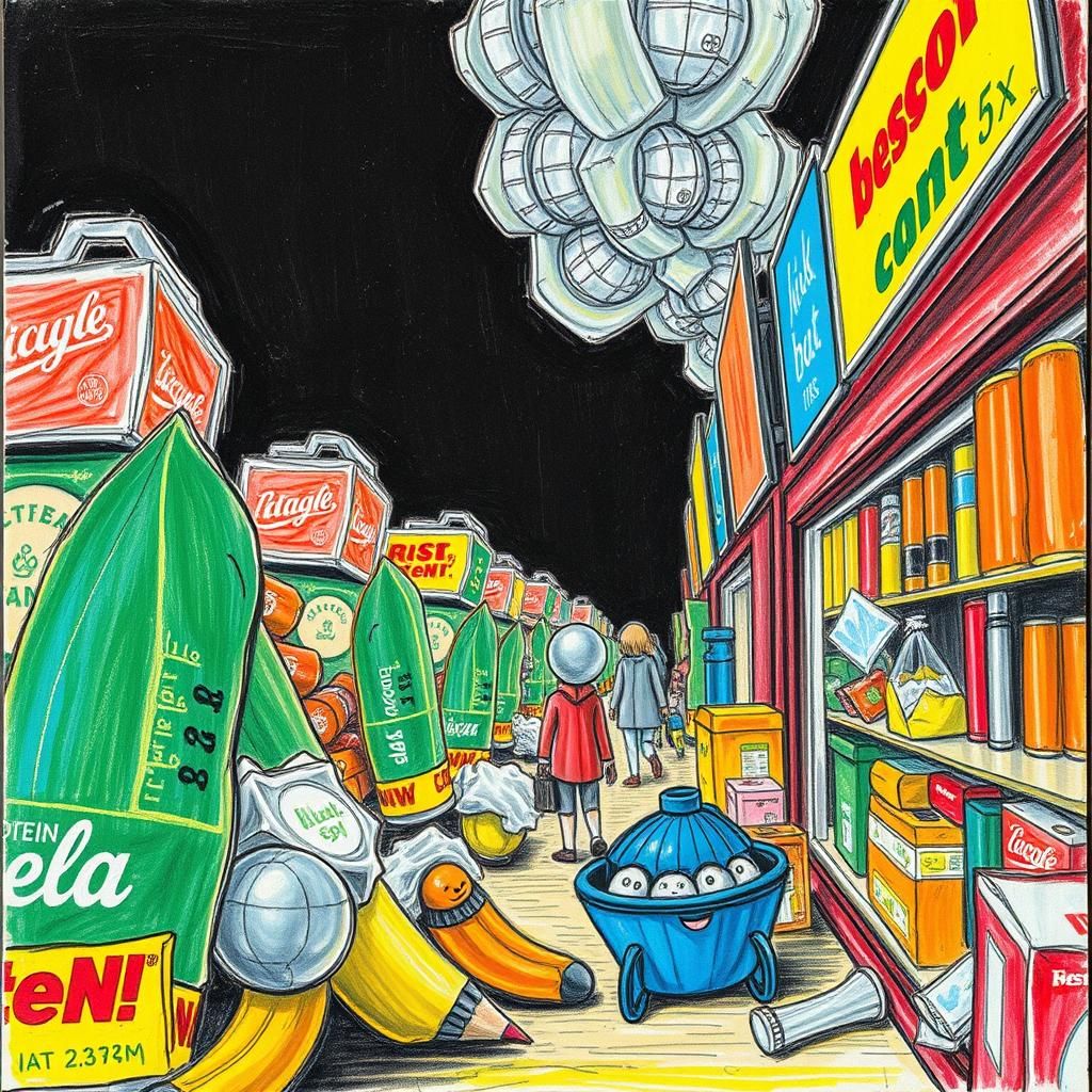 Naive Art of Excessive Consumerism in Vivid Colors