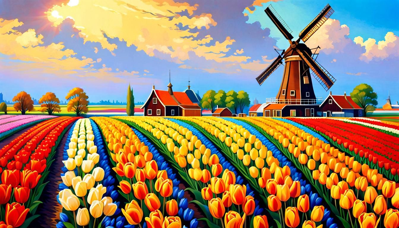 Vibrant Tulip Fields in Holland, Photorealistic Rococo Style