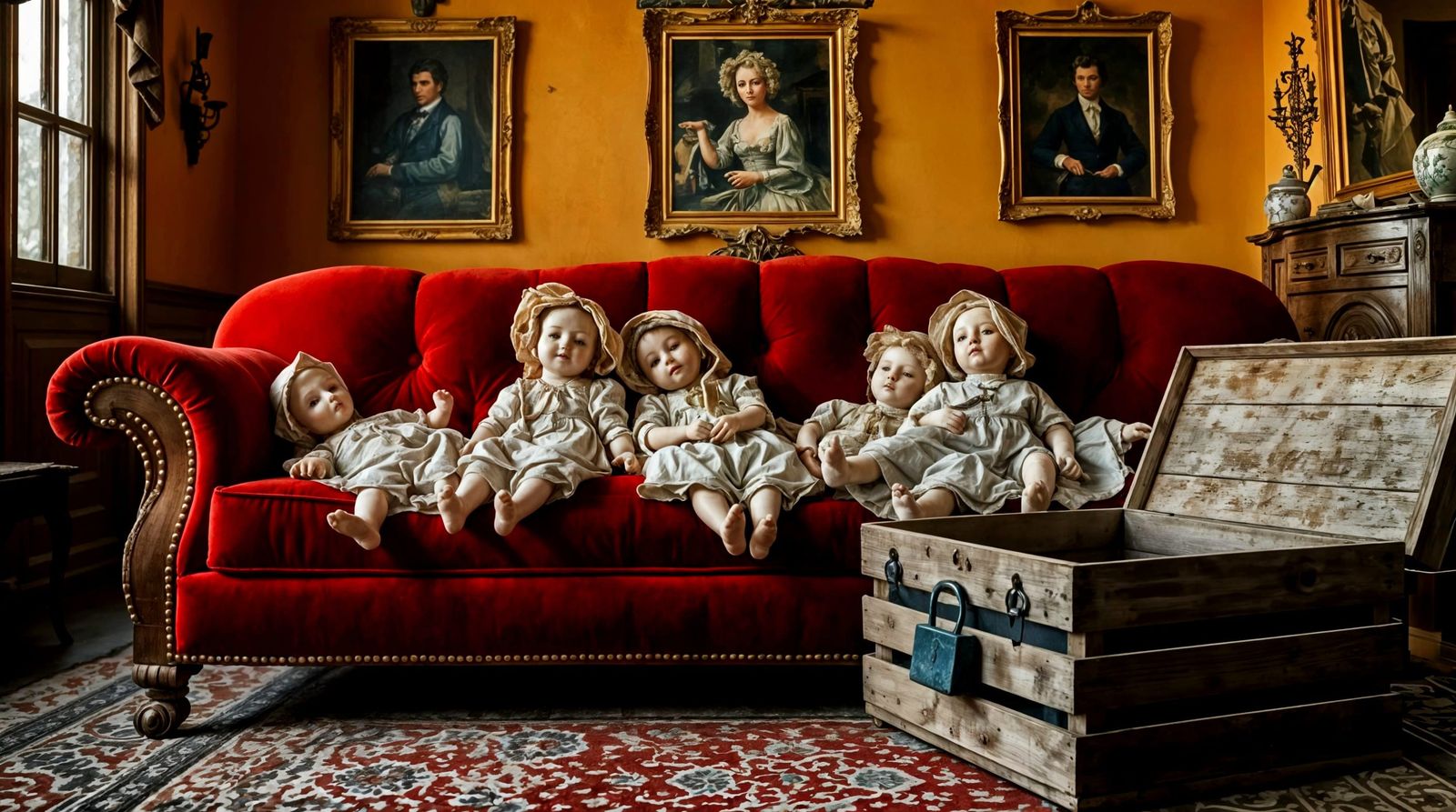 Vintage Porcelain Dolls on an Antebellum Sofa