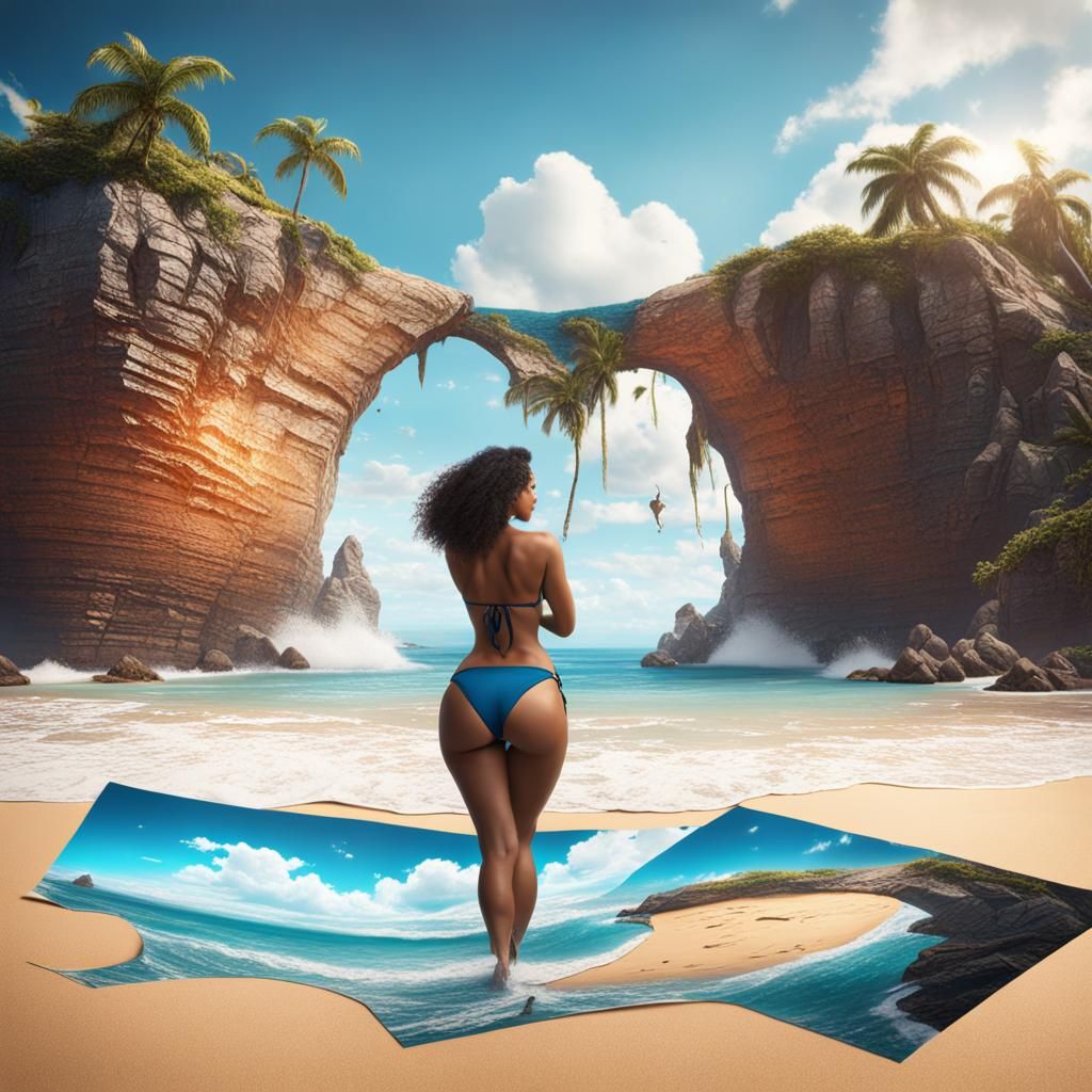 Girl Rips Beach Postcard in Detailed Matte Painting