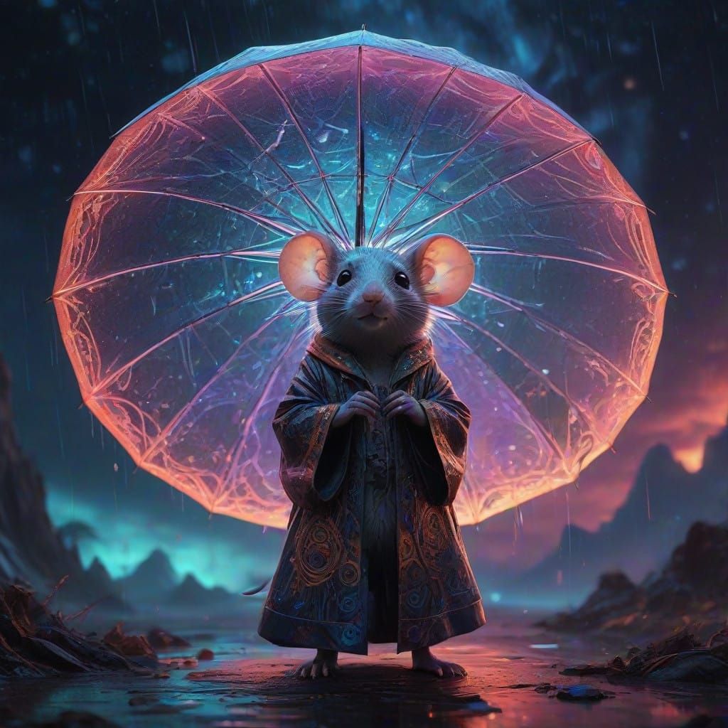 Whimsical Cosmic Mouse in Vibrant Iridescent Coat and Glowin...