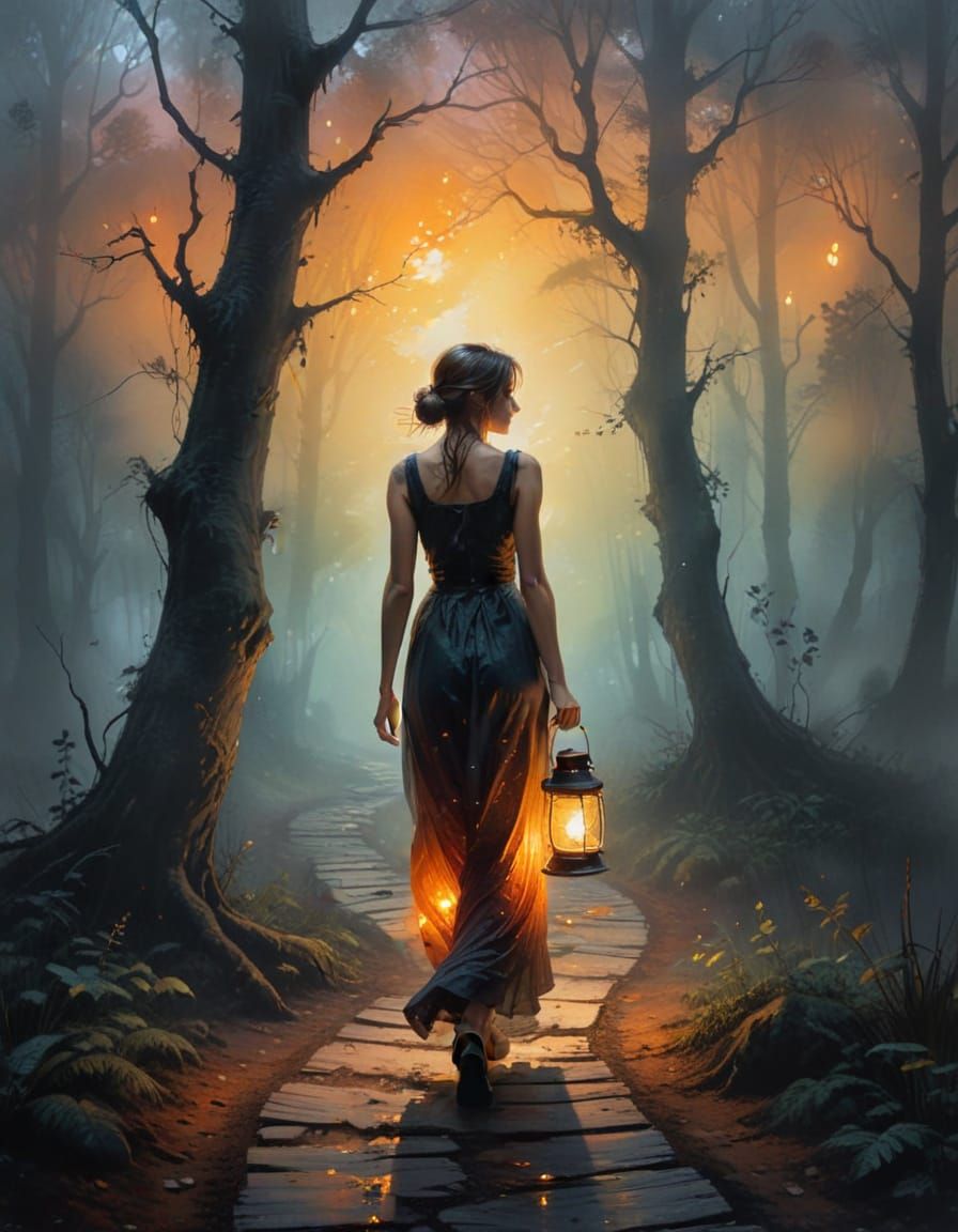 Mysterious Girl in Misty Forest: Noir Impasto Painting