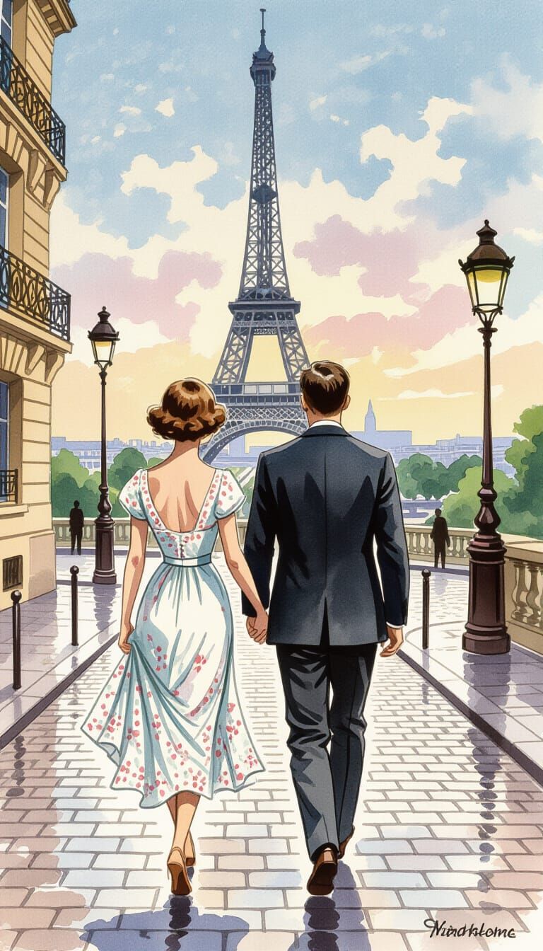 Couple Walks to Eiffel Tower in 1900 Paris Watercolor Style