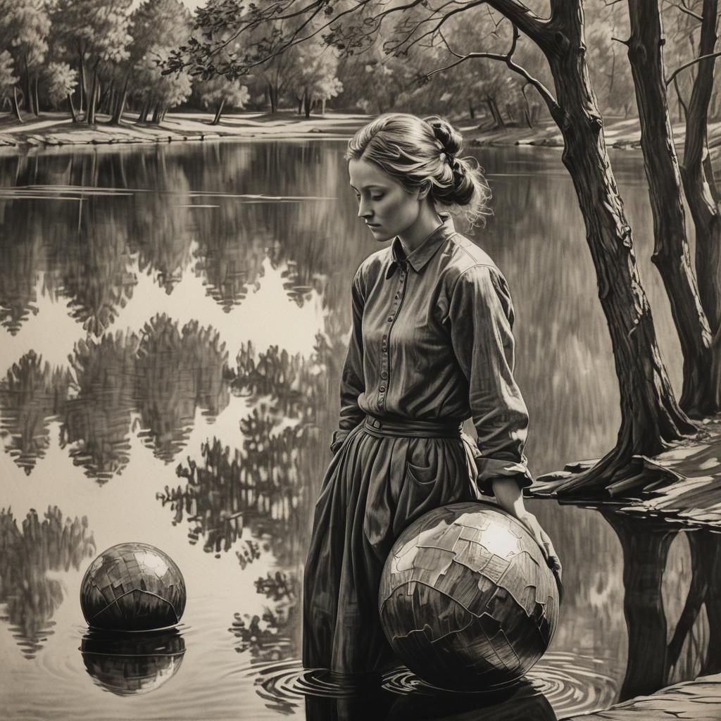 Girl Balances on Ball: Hyperdetailed Charcoal Drawing