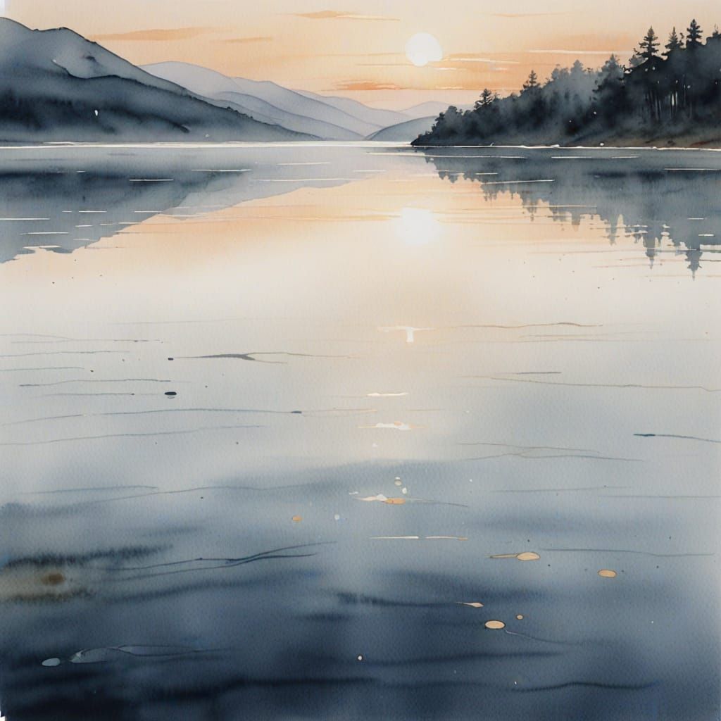 Serene Lake at Dawn: Watercolor Art in Pastel Colors