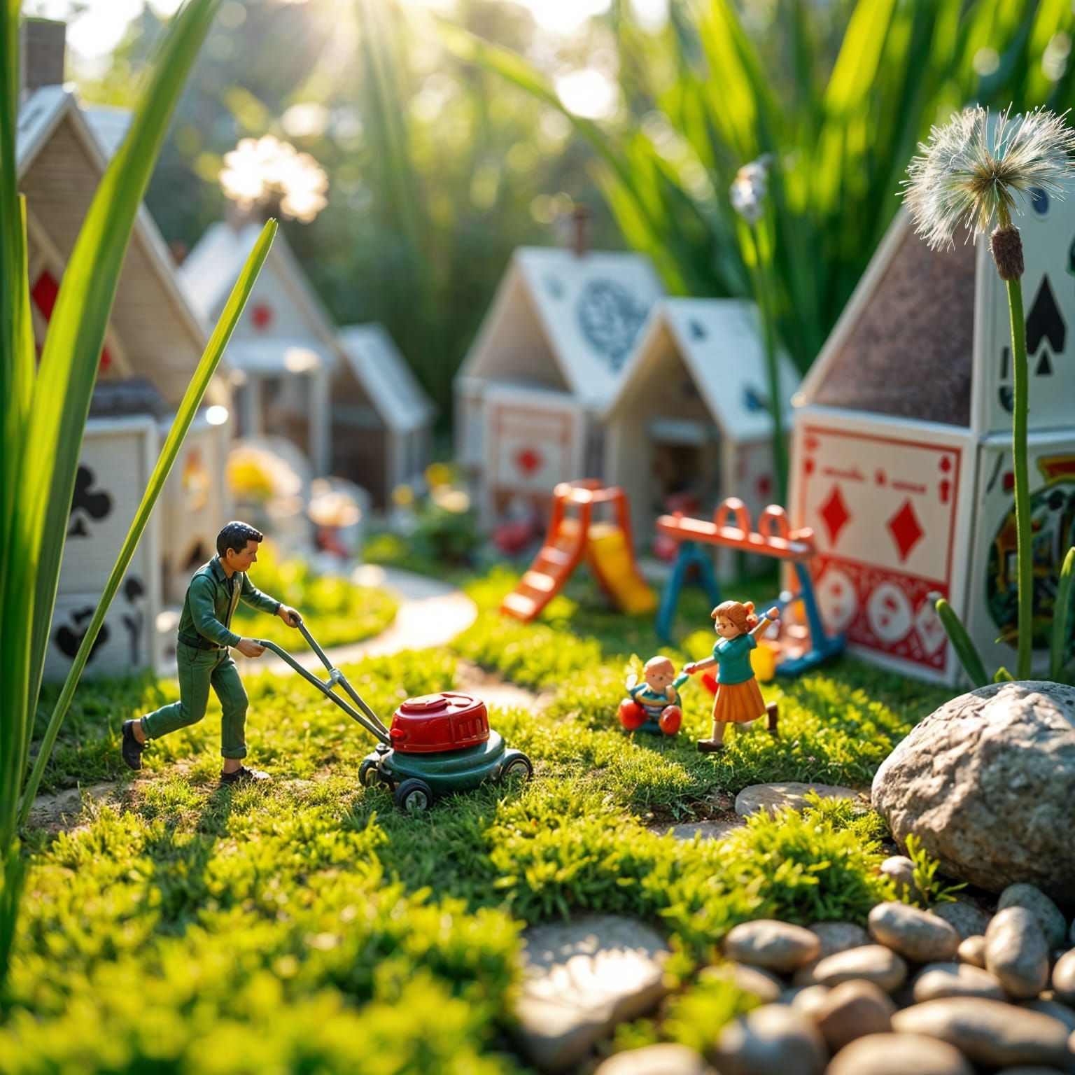 Whimsical Miniature World in a Backyard Setting