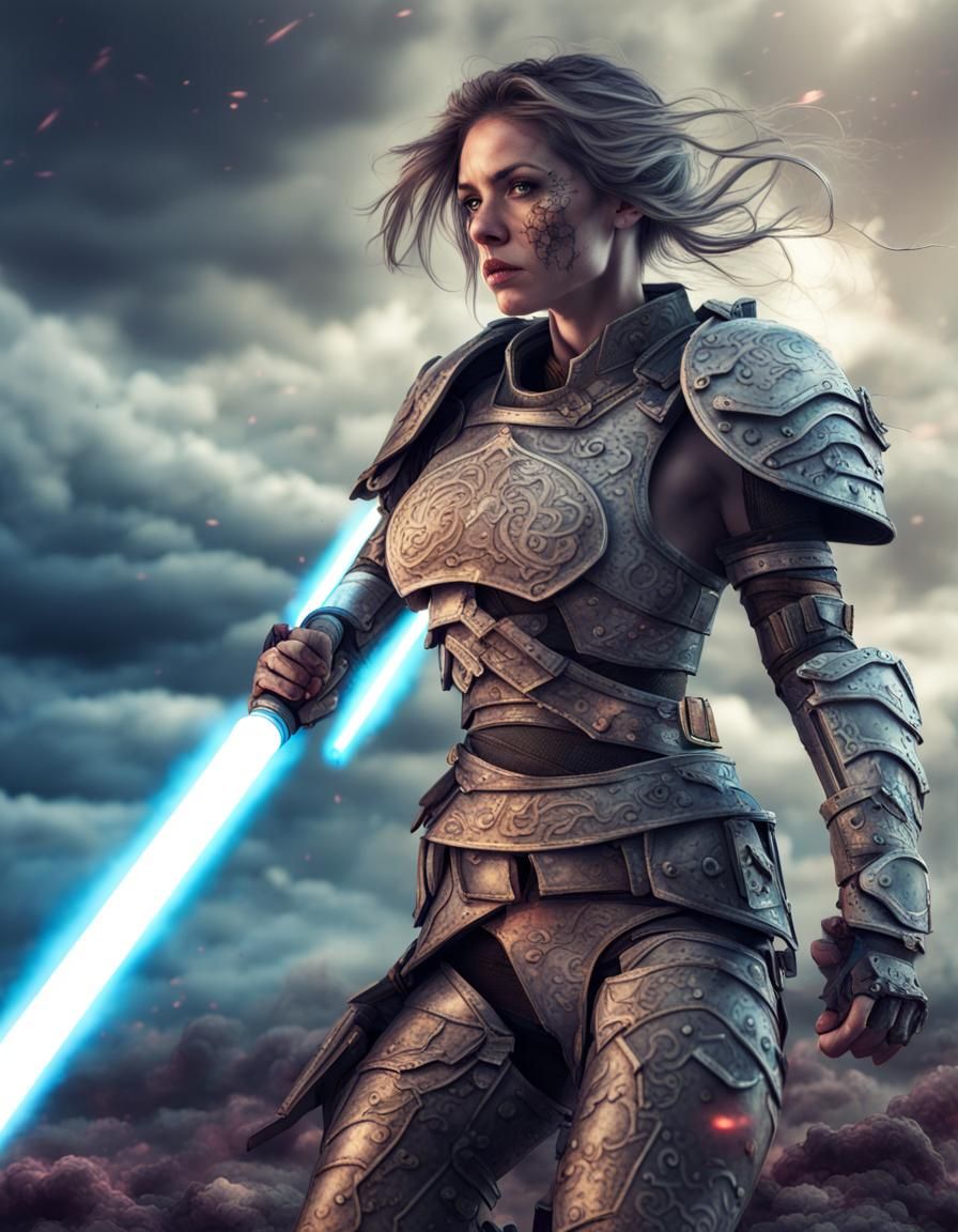 Female Warrior with Laser Sword in Splatter Art