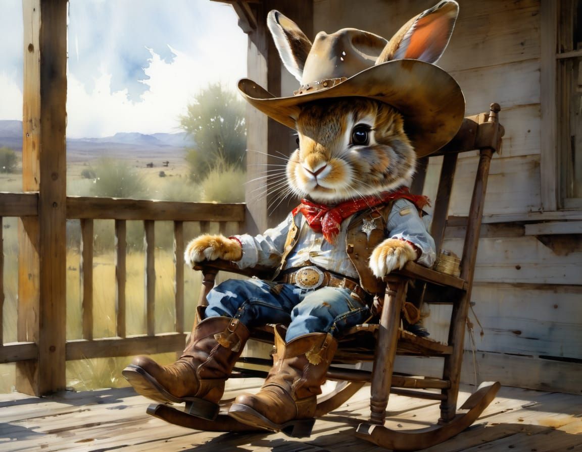 Rabbit Cowboy Relaxing on Rustic Porch as Watercolor
