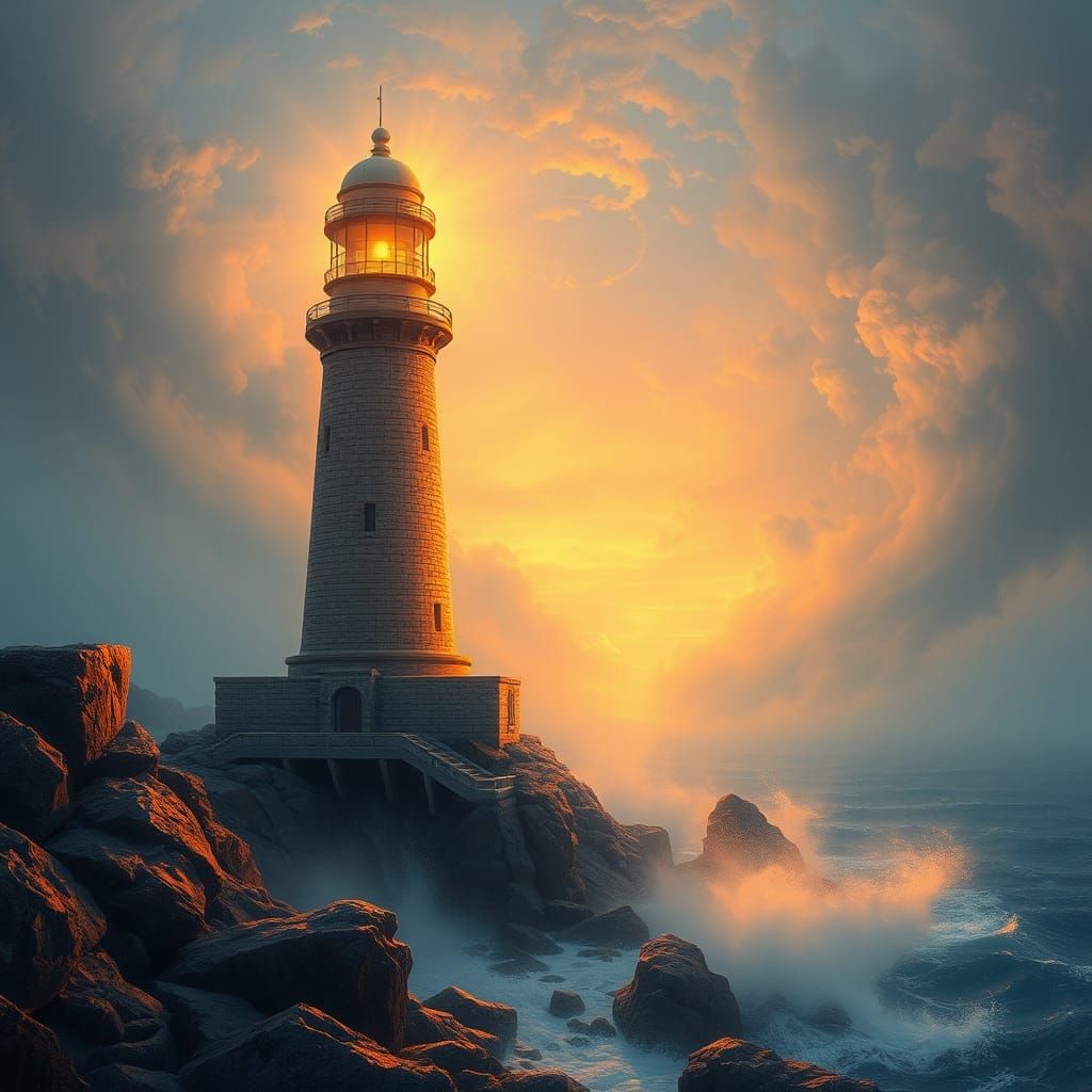 Mystical Lighthouse Sunset in Dreamlike Landscape