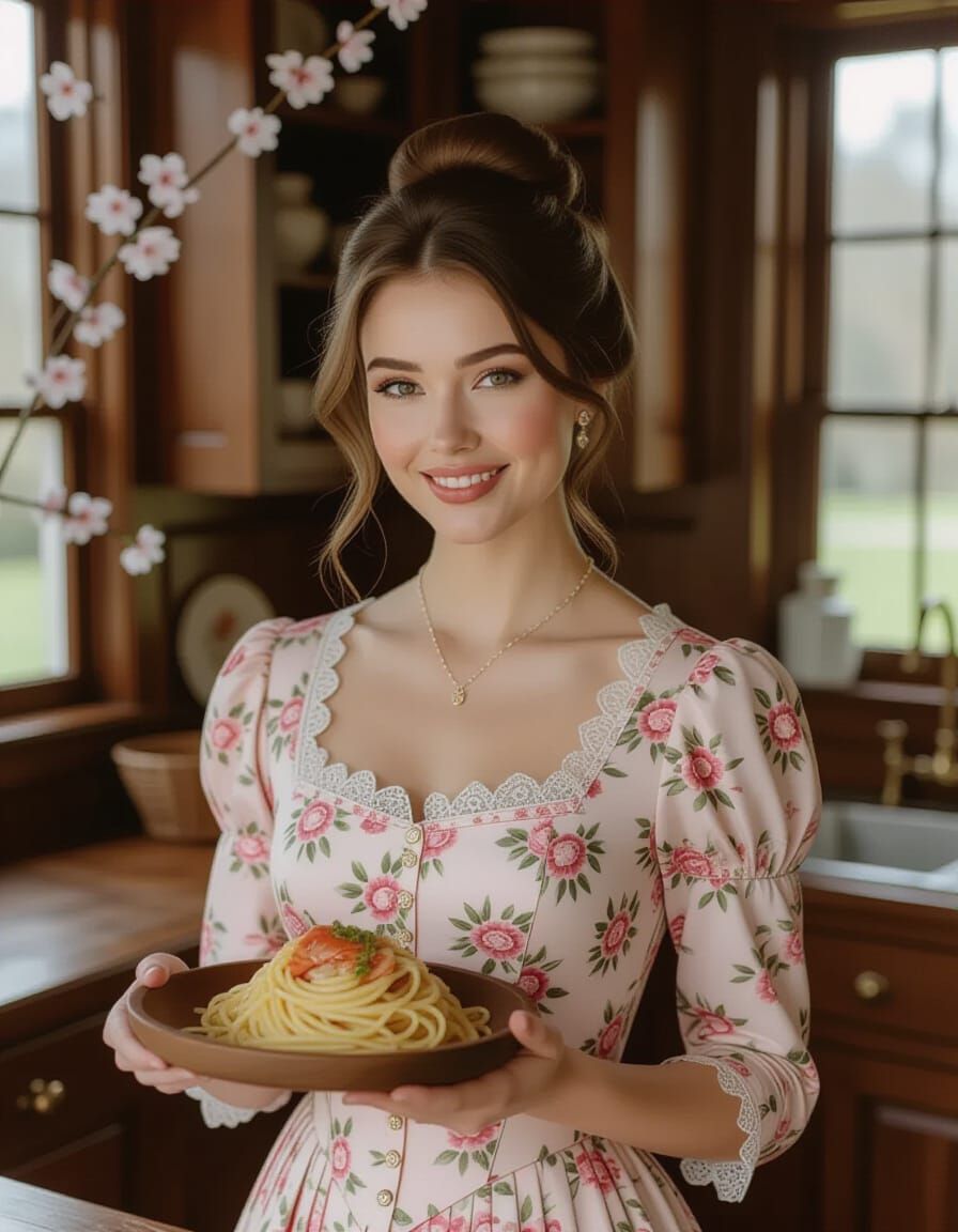 Victorian Woman Smiles in Luxurious Kitchen with Seafood Spa...