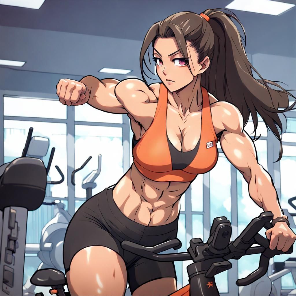 Muscular Asian Bodybuilder on Exercise Bike in Anime Style