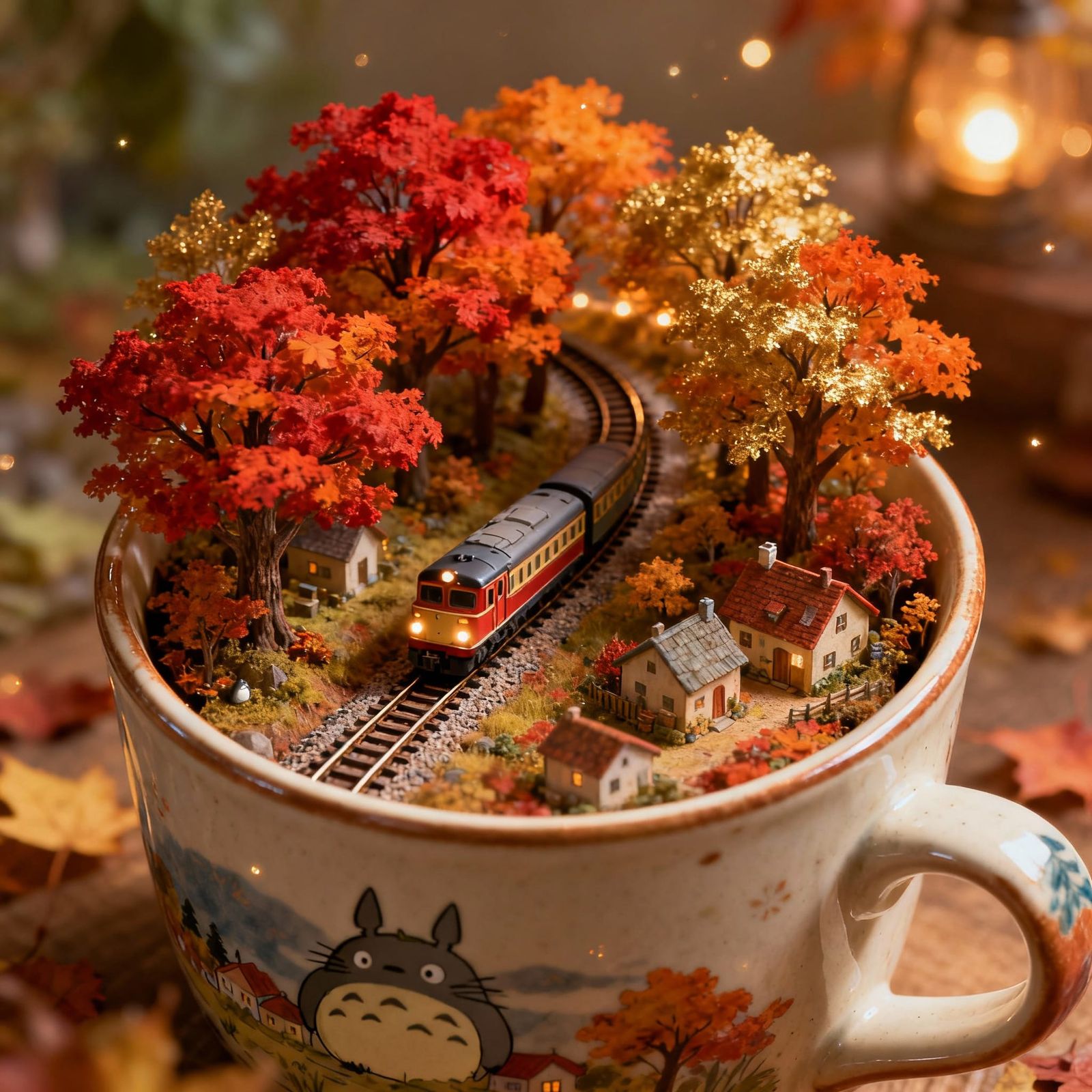 Autumn Train Journey Inside a Mug, Cozy Village Scene
