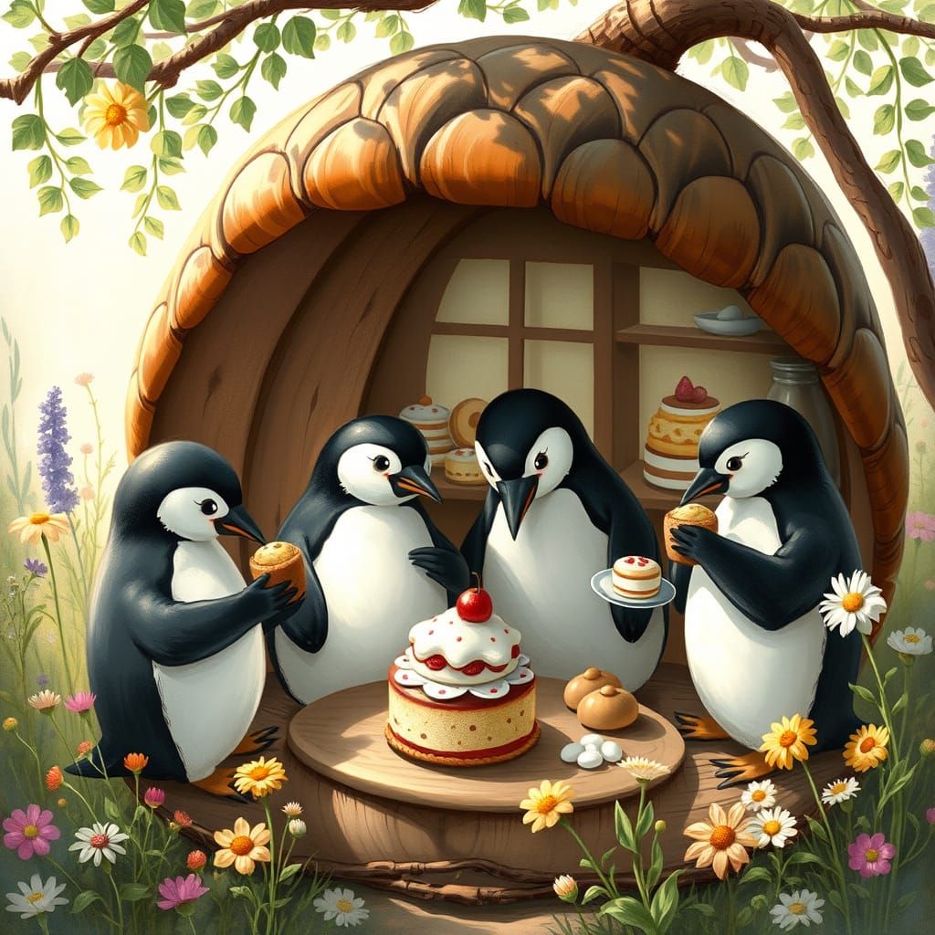 Penguin Bakery in Acorn, Whimsical Illustration