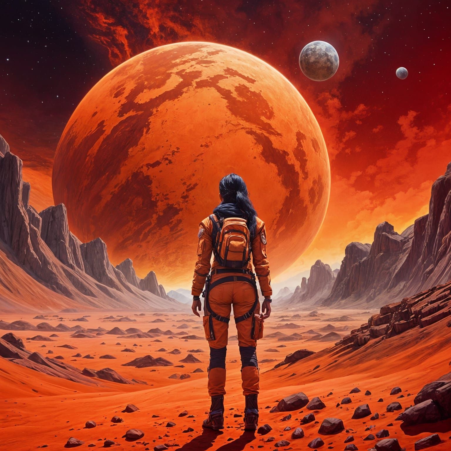 Indian Girl Standing on Martian Surface in Vibrant Oil Paint...