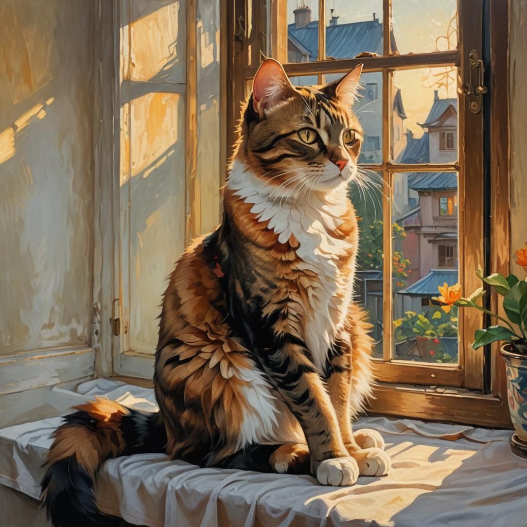 Cat Portrait in Impressionist Oil Painting Style