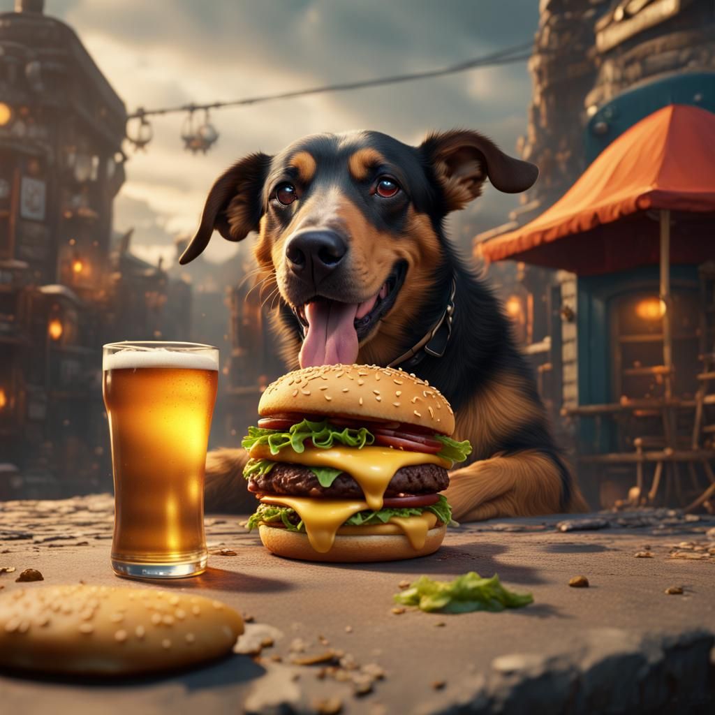 Dog Eats Burger: Detailed Fantasy Art