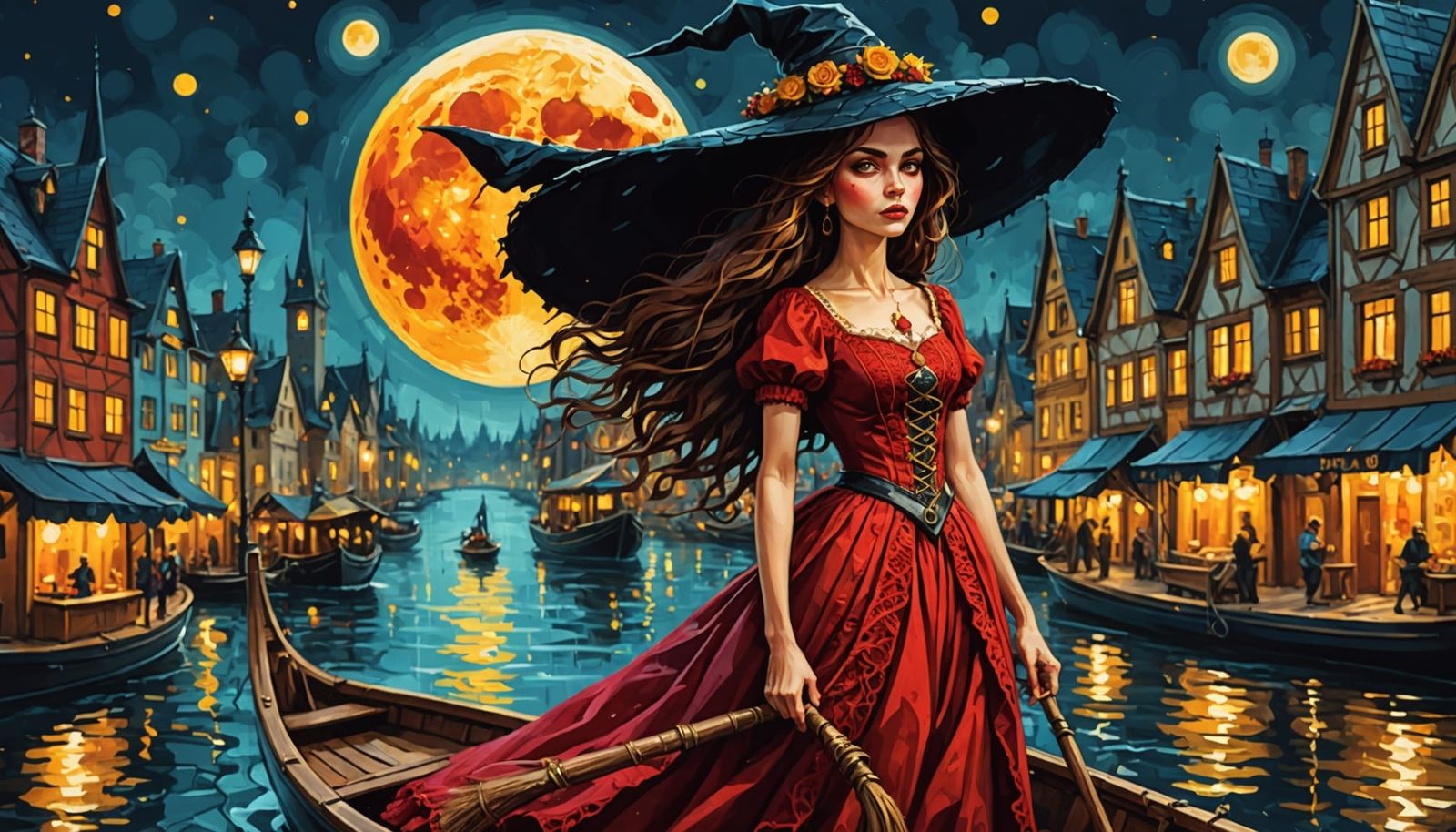 Steampunk Witch on a Boat Under Blood Moon