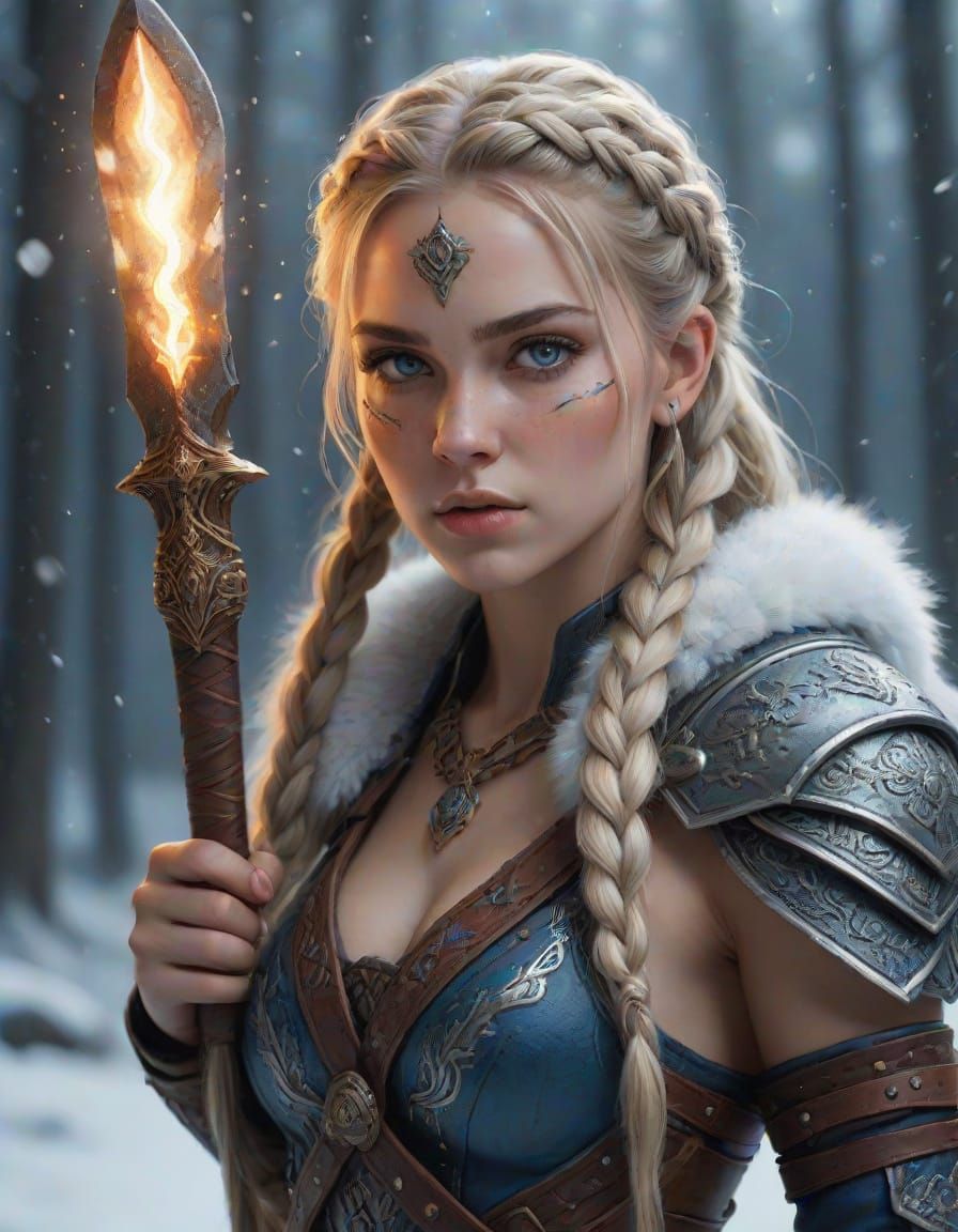 Mystical Snow Warrior with Fiery Axe in 8K