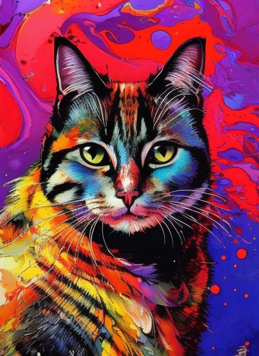 Hyperdetailed Cat Portrait with Marbling and Oil Effects