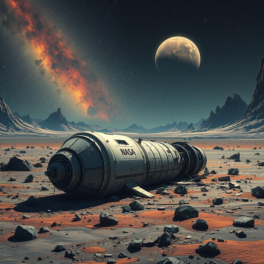 Voyager Wreckage on Alien World: Digital Art