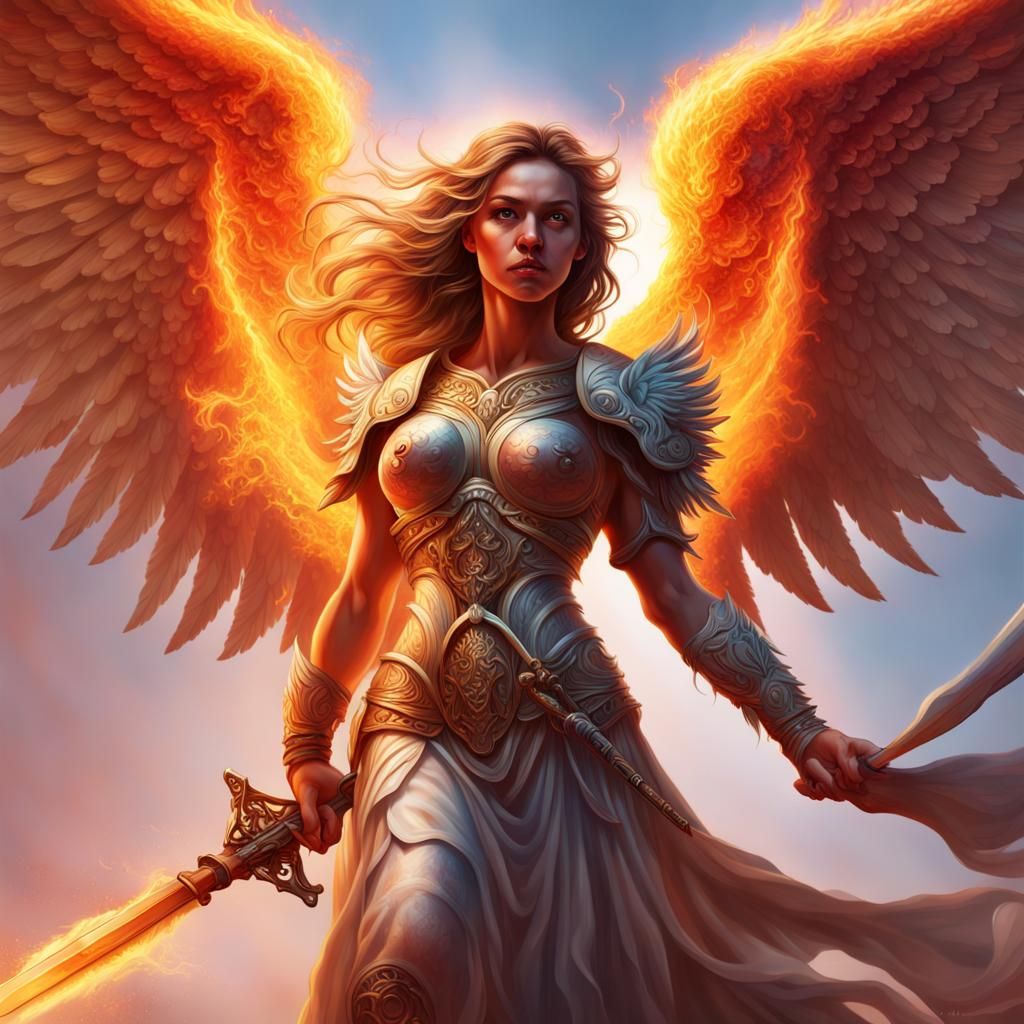 A winged female angel with a flaming halo and sword