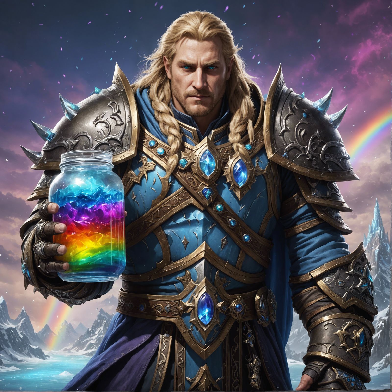 Warrior Holding Rainbow Liquid Jar