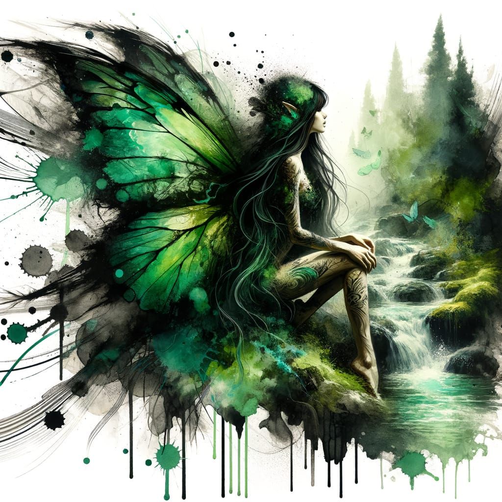 Faerie by Woodland Stream in Romantic Style