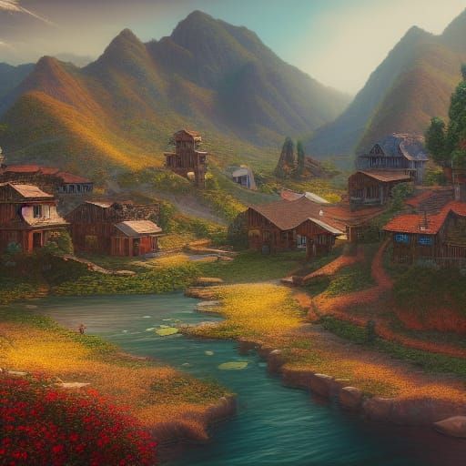 Hidden Hillside Town: Fantasy Concept Art