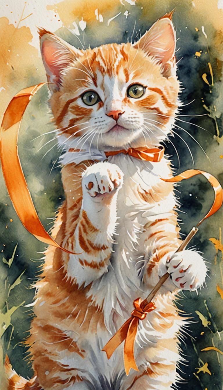 Orange Tabby Kitten Plays with Ribbon: Watercolor Painting