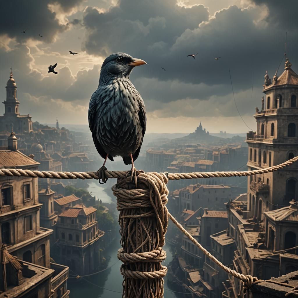Bird Entangled in Rope: Dramatic Digital Matte Painting
