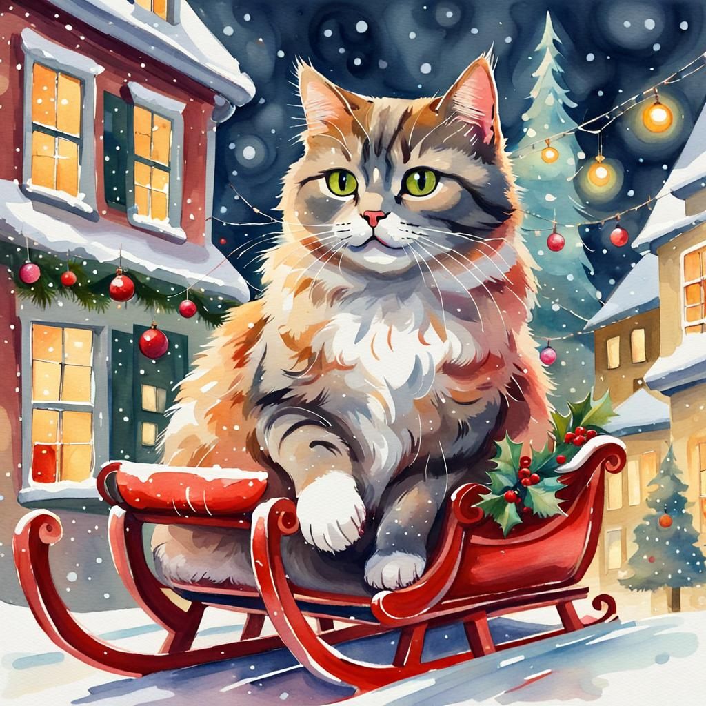 Festive Cat Sleigh Ride in Gouache Watercolor