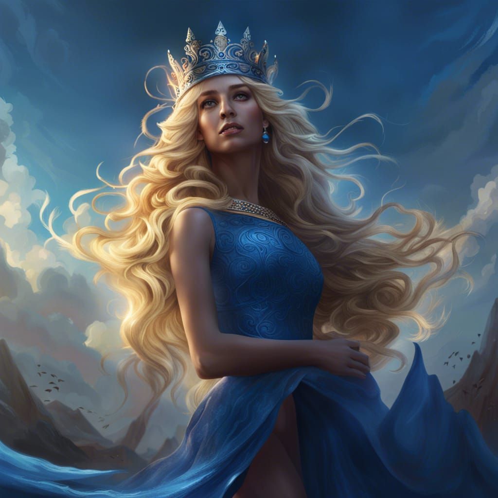 Sky Goddess in Blue Dress, Dark Fantasy Art