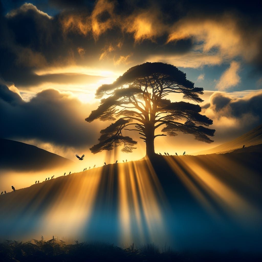 Lone Scots Pine in Golden Hour Mist