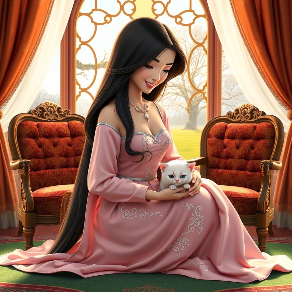 Mulan Portrait with Kitten in Sumptuous Gown
