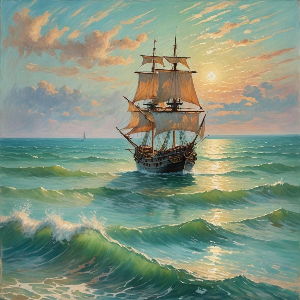 Impressionist Pirate Ship on Turquoise Caribbean Sea