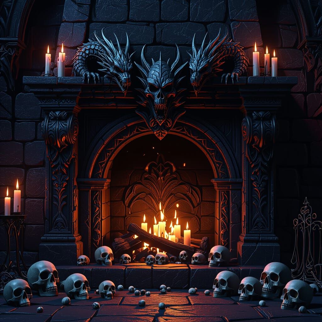 Gothic Fireplace with Dragons and Skulls in Fantasy Art Styl...