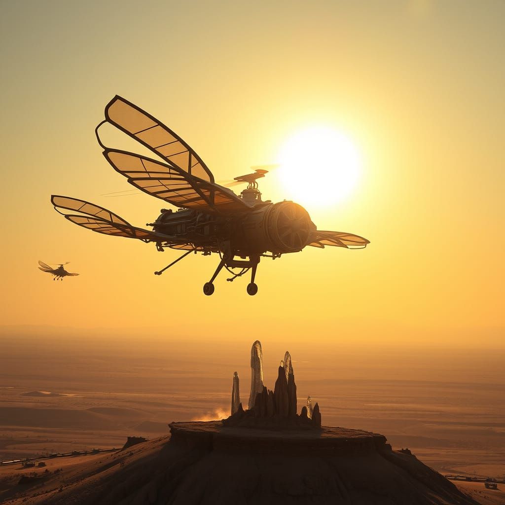 Steampunk Ornithopter Soaring Over Alien Planet at Sunset