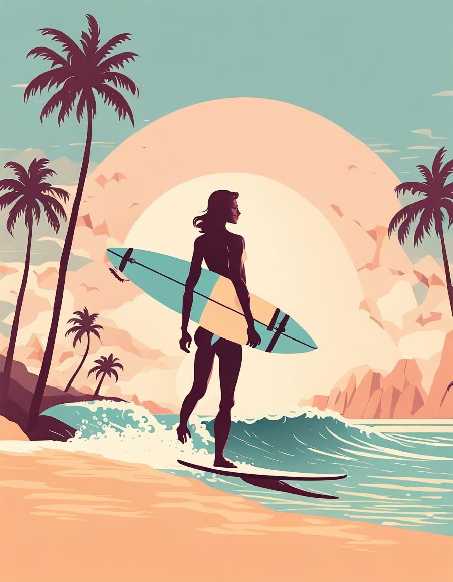 Flat-Style Travel Poster of Surfer on Tropical Beach